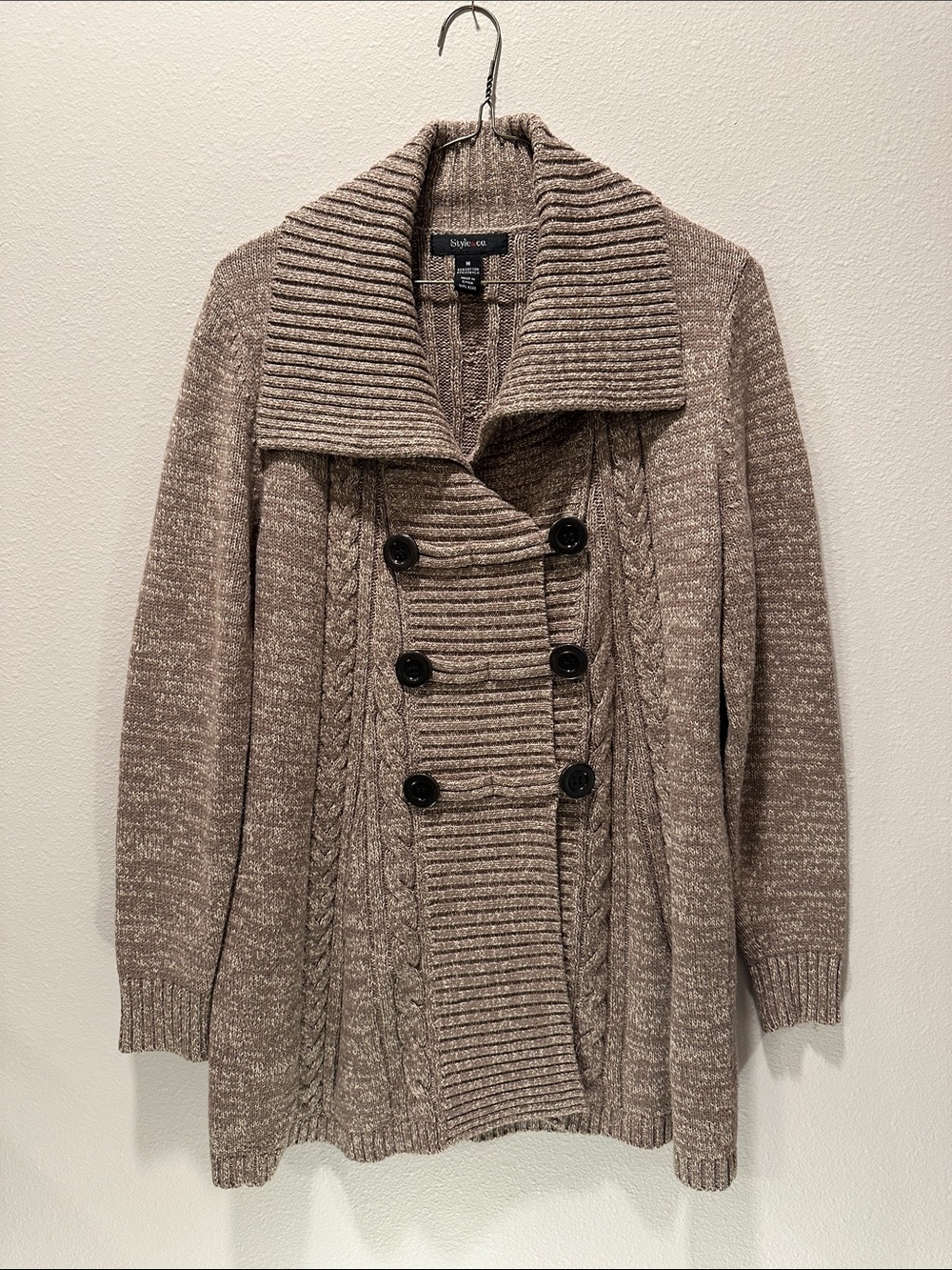 Style & Co. Taupe Cable-Knit Double-Breasted Cardigan